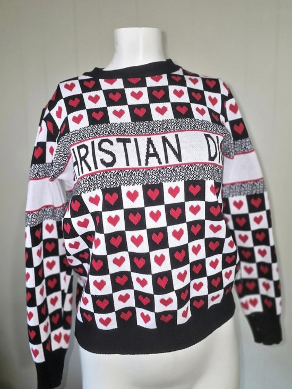 Dior Heart Checkerboard Sweater Heart Checkered Crewneck Sweater in Black & Red